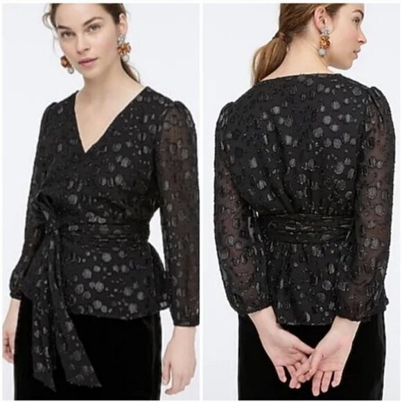 J. Crew Tie-waist V-neck Long Sleeve Top / Blouse in Metallic Dot Jacquard S - Picture 3 of 12
